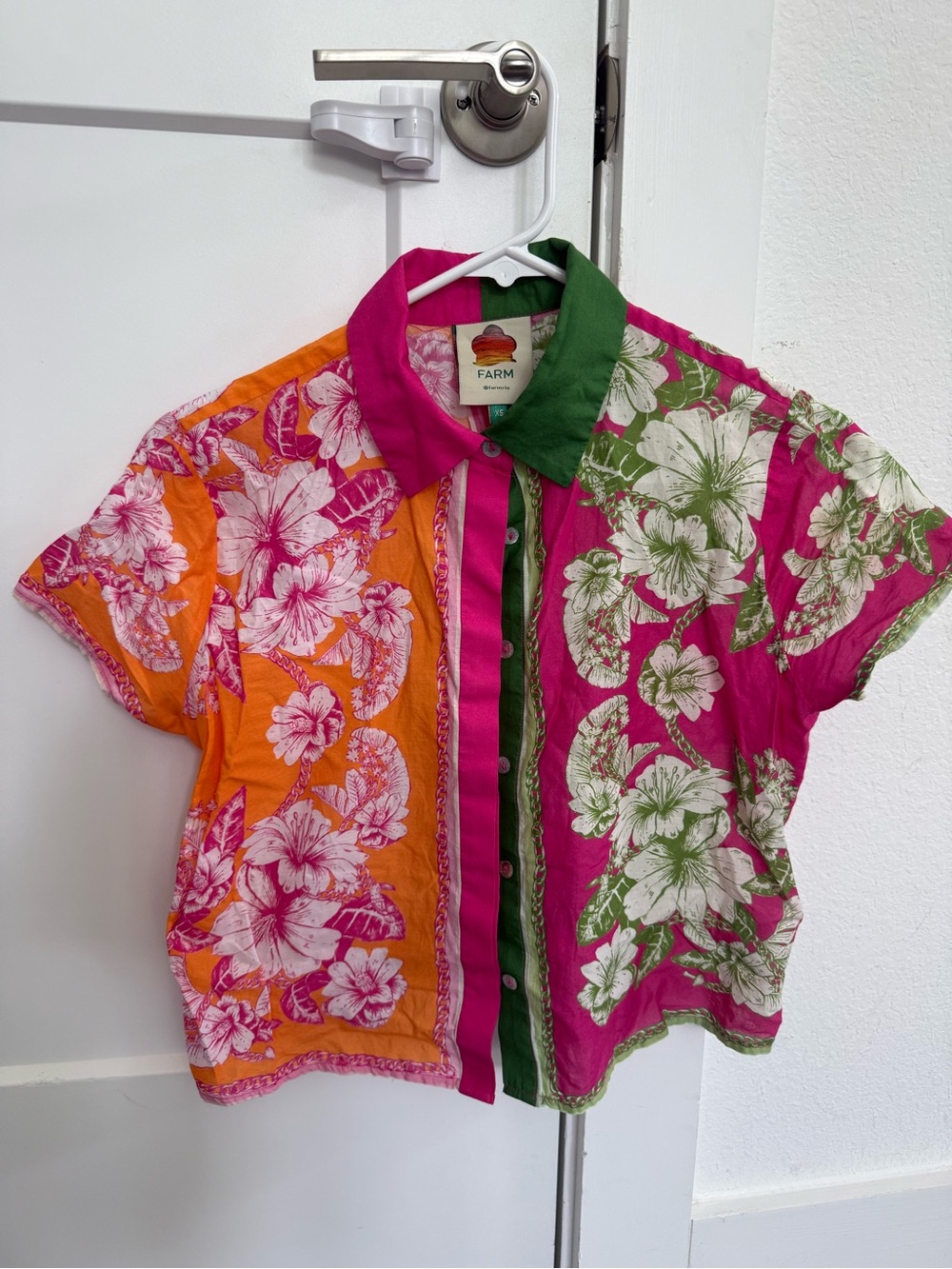 FARM Rio Patchwork Floral Button-Up Shirt in Pink, Orange & Green and Skirt SET